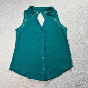 BCX Teal Green Button Up Lace Sleeveless Tank Top Blouse size xl